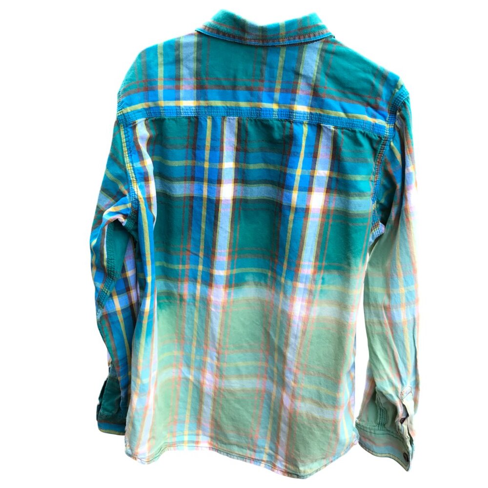 Upcycled Ombre Bleached Kid’s Shirt, Flannel Plaid Button-Down Top Size 12-14